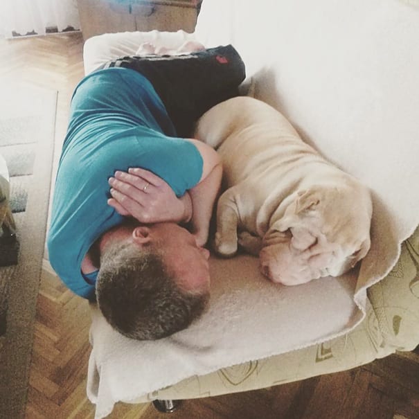 Отец с собакой на диване